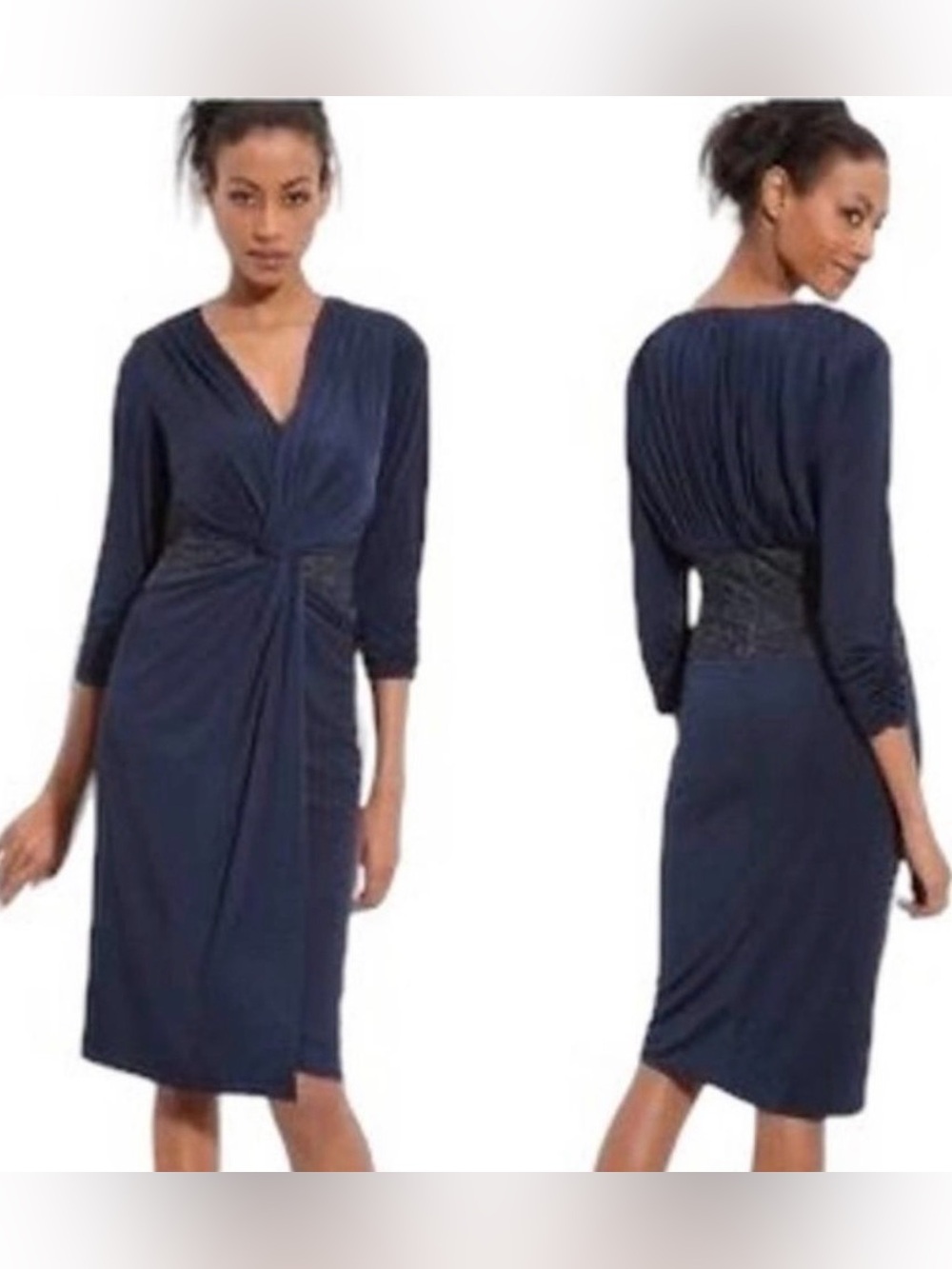 Tadashi Shoji Women's Navy Twist-Front V-Neck Dress Cocktail Ruched Midi Large